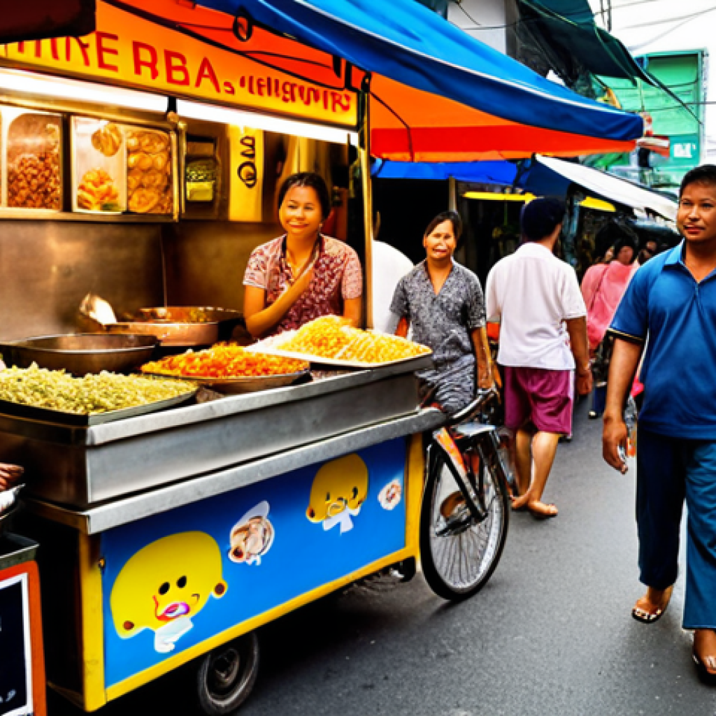 **Prompt:** Observation in daily life: a bustling Bangkok street scene, focusing on details like vendor interactions, facial expressions, and colorful street food stalls. Capture the essence of Thai culture and vibrant energy.