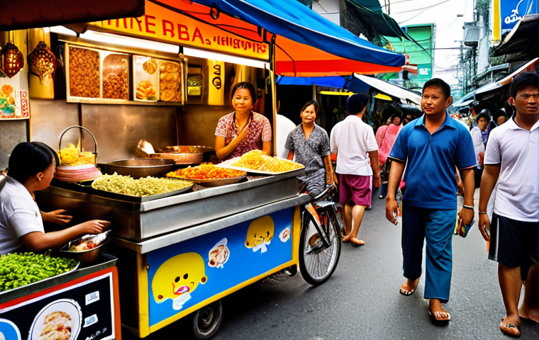 **Prompt:** Observation in daily life: a bustling Bangkok street scene, focusing on details like vendor interactions, facial expressions, and colorful street food stalls. Capture the essence of Thai culture and vibrant energy.